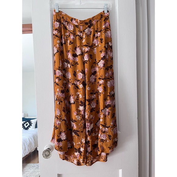 ❌SOLD AE Mustard Yellow/Orange Floral Print High Waist Wide Leg Pants - Picture 1 of 9